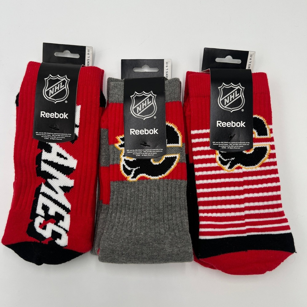 Reebok NHL Calgary Flames Men's Crew Socks 3 Pack Size L 9-11 Red Grey New